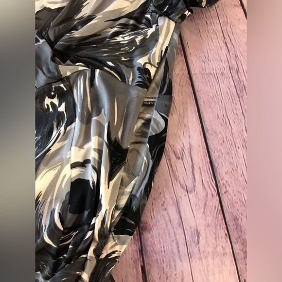 LK Bennett Black Gray White Silk Tea Midi Wrap Top Dress Cottagecore Size 8 (US) - Picture 7 of 11